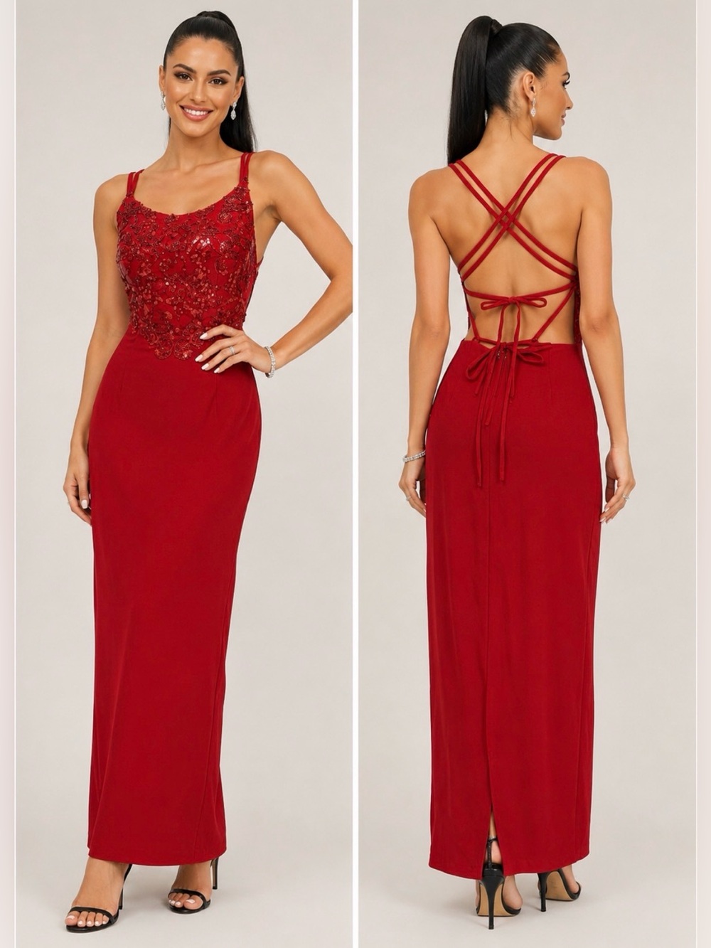 Vintage Red Sequin Embellished Spaghetti Strap Evening Dress size medium